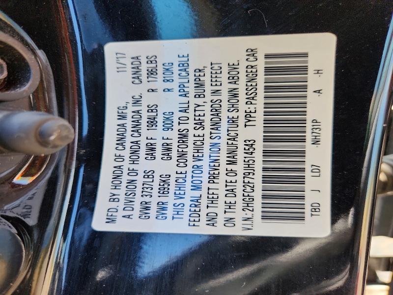 2018 Honda Civic მანქანა იყიდება აუქციონზე, vin: 2HGFC2F79JH514543, აუქციონის ნომერი: 57366266