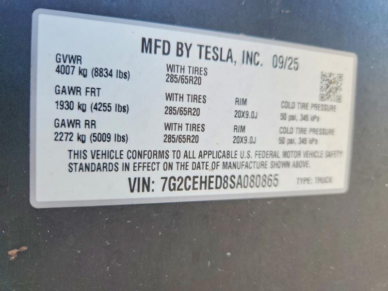 58941946 :رقم المزاد ، 7G2CEHED8SA080865 vin ، 2025 Tesla Cybertruck مزاد بيع