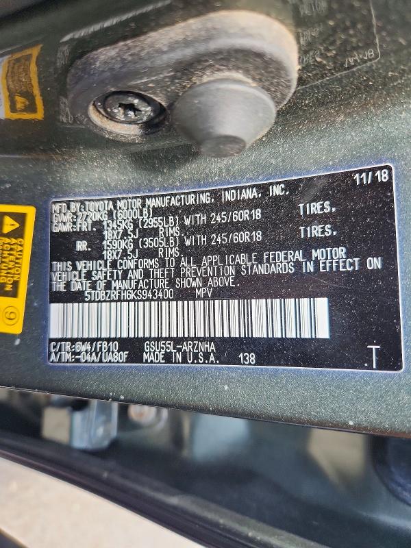 Продаж на аукціоні авто 2019 Toyota Highlander, vin: 5TDBZRFH6KS943400, номер лоту: 57709386