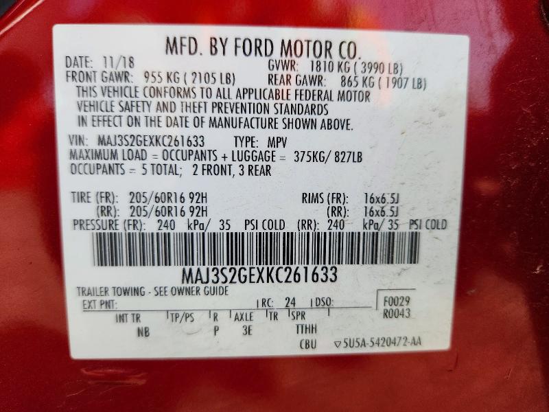 Aukcja sprzedaży 2019 Ford Ecosport, vin: MAJ3S2GEXKC261633, numer aukcji: 55719266