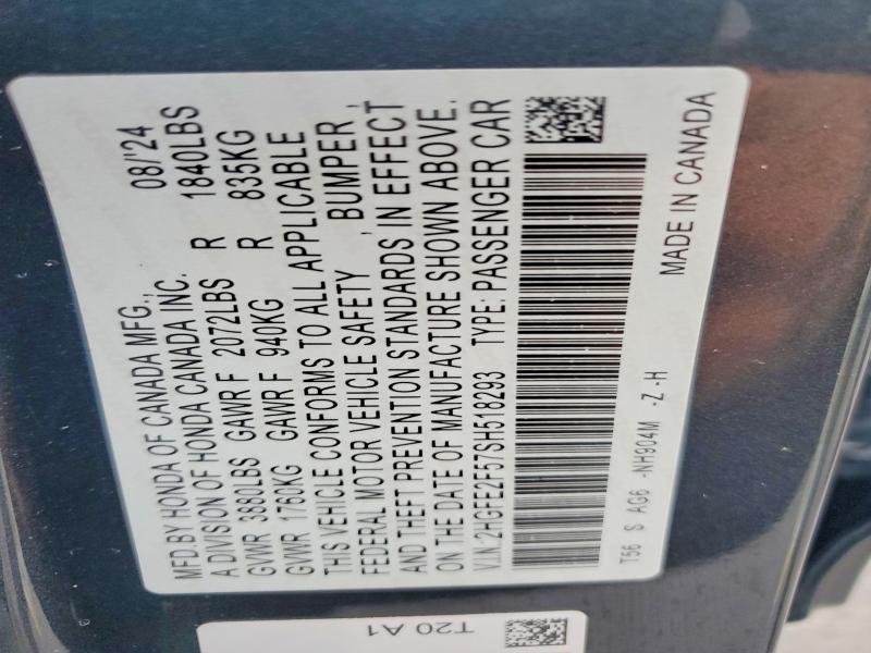 Продаж на аукціоні авто 2025 Honda Civic, vin: 2HGFE2F57SH518293, номер лоту: 55644366
