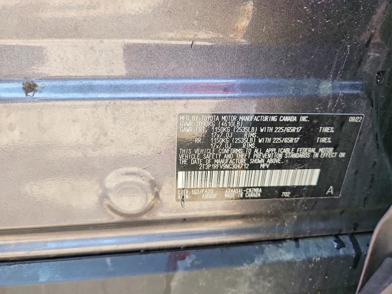 Продаж на аукціоні авто 2022 Toyota Rav4, vin: 2T3P1RFV9NC304712, номер лоту: 58374826