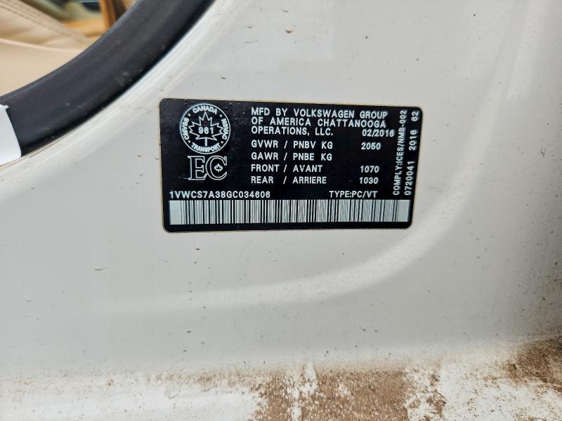 Продажа на аукционе авто 2016 Volkswagen Passat, vin: 1VWCS7A38GC034606, номер лота: 58697216