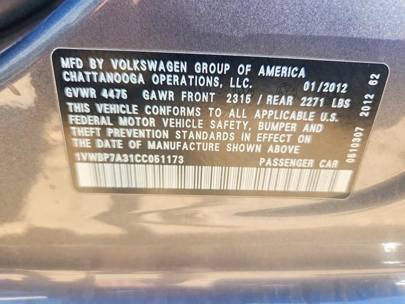 2012 Volkswagen Passat მანქანა იყიდება აუქციონზე, vin: 1VWBP7A31CC051173, აუქციონის ნომერი: 58269596