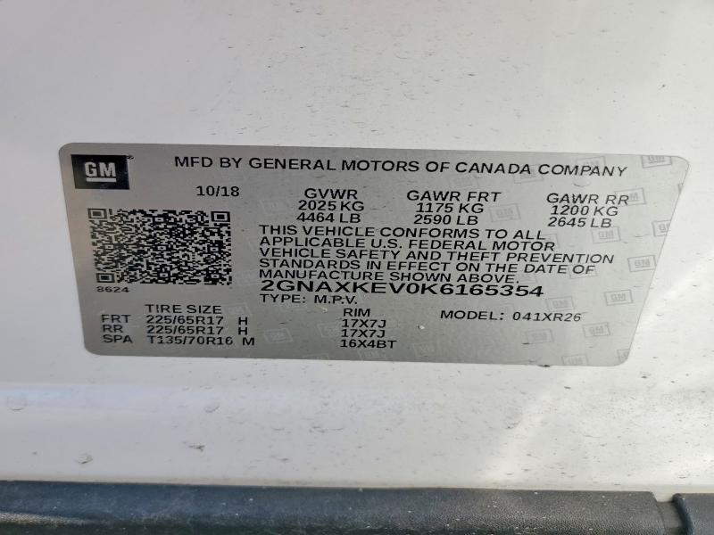 Aukcja sprzedaży 2019 Chevrolet Equinox, vin: 2GNAXKEV0K6165354, numer aukcji: 56442216