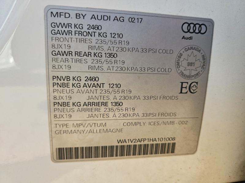 2017 Audi Q5 მანქანა იყიდება აუქციონზე, vin: WA1V2AFP1HA101008, აუქციონის ნომერი: 55703786