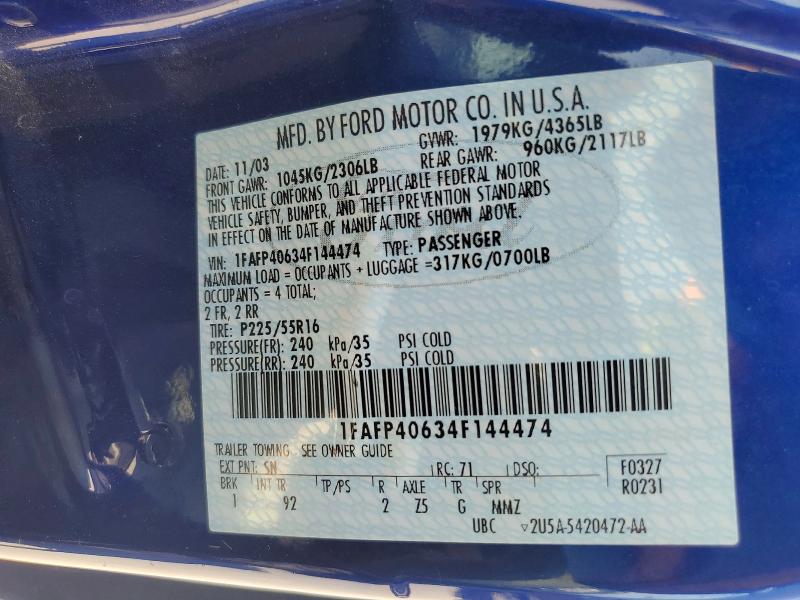 Продажа на аукционе авто 2004 Ford Mustang, vin: 1FAFP40634F144474, номер лота: 57753636