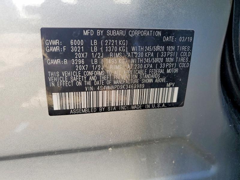58135856 :رقم المزاد ، 4S4WMAPD9K3463989 vin ، 2019 Subaru Ascent مزاد بيع