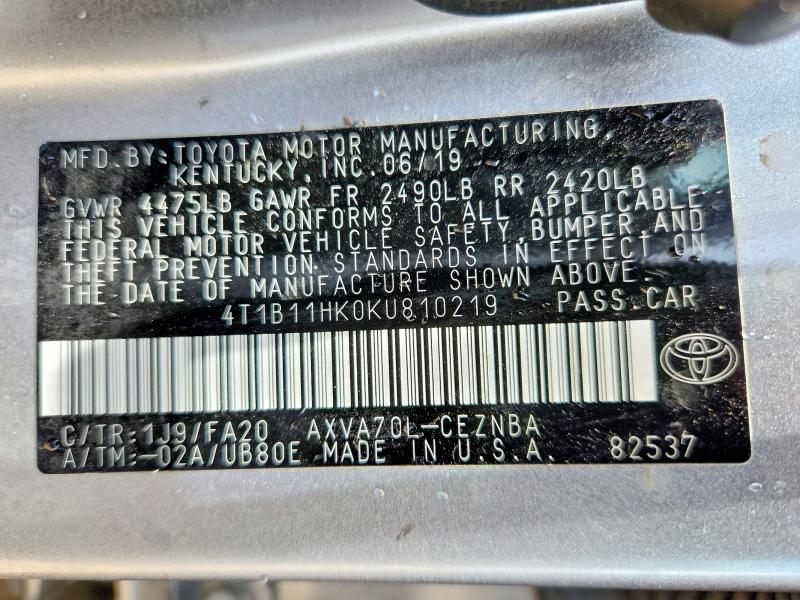 58196726 :رقم المزاد ، 4T1B11HK0KU810219 vin ، 2019 Toyota Camry مزاد بيع