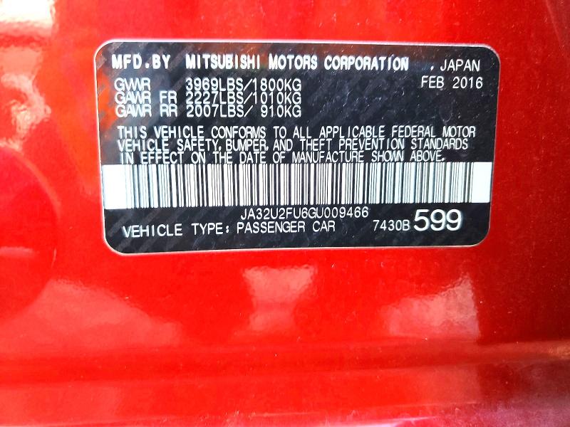 Aukcja sprzedaży 2016 Mitsubishi Lancer, vin: JA32U2FU6GU009466, numer aukcji: 56180656