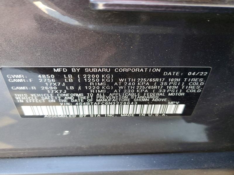 57632736 :رقم المزاد ، 4S4BTAFC6N3228643 vin ، 2022 Subaru Outback مزاد بيع