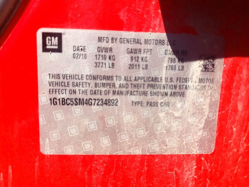 2016 Chevrolet Cruze მანქანა იყიდება აუქციონზე, vin: 1G1BC5SM4G7234892, აუქციონის ნომერი: 54245566
