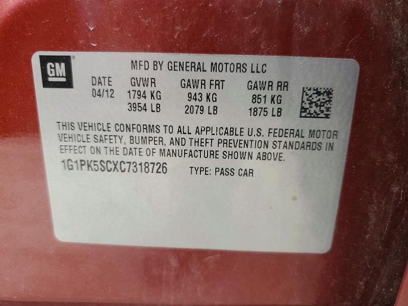 55770156 :رقم المزاد ، 1G1PK5SCXC7318726 vin ، 2012 Chevrolet Cruze مزاد بيع