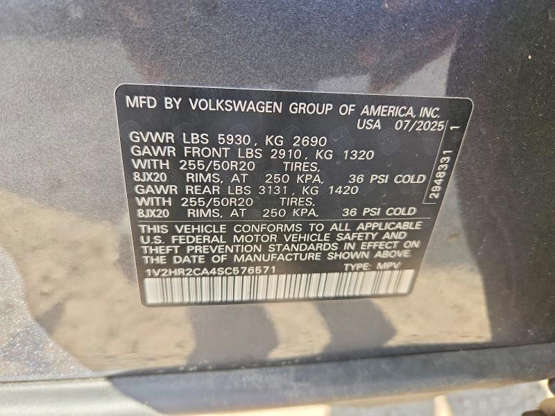 2025 Volkswagen Atlas მანქანა იყიდება აუქციონზე, vin: 1V2HR2CA4SC576571, აუქციონის ნომერი: 56942966