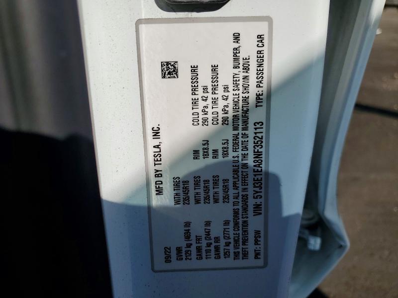 58278886 :رقم المزاد ، 5YJ3E1EA8NF352113 vin ، 2022 Tesla Model 3 مزاد بيع