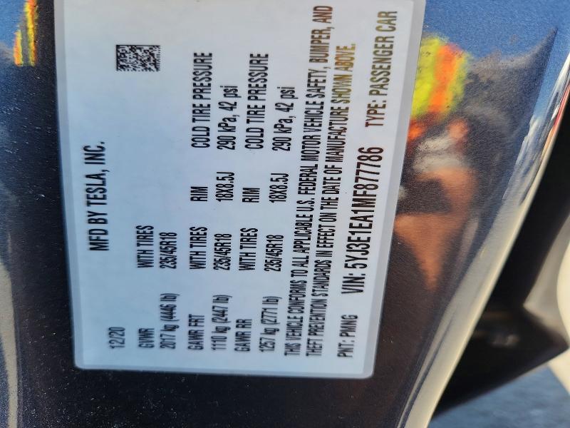 Продажа на аукционе авто 2021 Tesla Model 3, vin: 5YJ3E1EA1MF877786, номер лота: 55742906