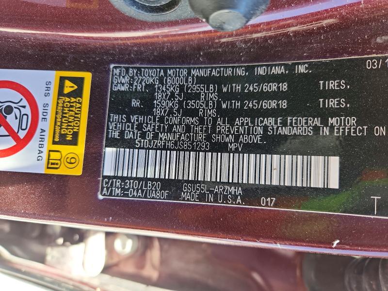 55582596 :رقم المزاد ، 5TDJZRFH6JS851293 vin ، 2018 Toyota Highlander مزاد بيع