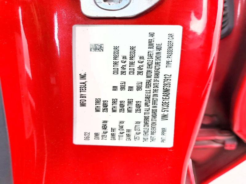 57622386 :رقم المزاد ، 5YJ3E1EA8NF287912 vin ، 2022 Tesla Model 3 مزاد بيع