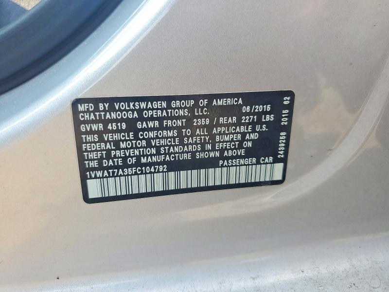 Продаж на аукціоні авто 2015 Volkswagen Passat, vin: 1VWAT7A35FC104792, номер лоту: 58789796
