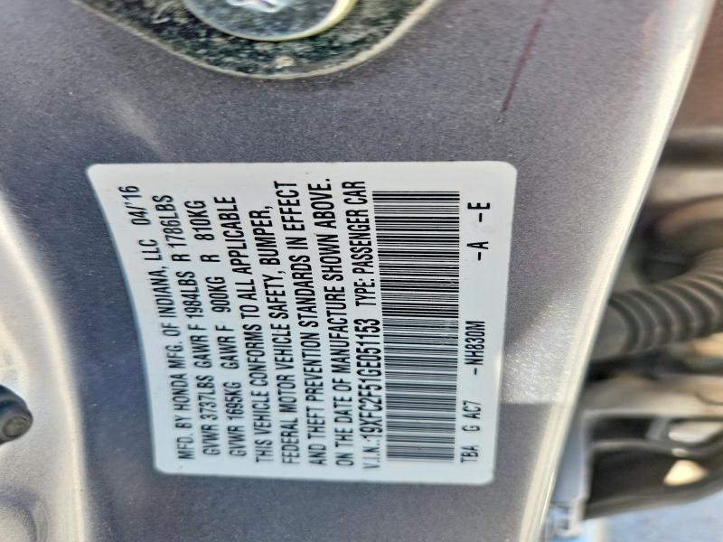 58255116 :رقم المزاد ، 19XFC2F51GE051153 vin ، 2016 Honda Civic مزاد بيع