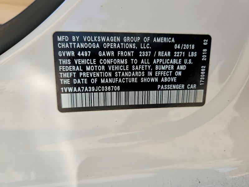 Aukcja sprzedaży 2018 Volkswagen Passat, vin: 1VWAA7A39JC036706, numer aukcji: 58013276