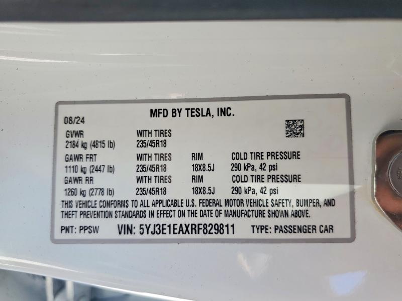 Продажа на аукционе авто 2024 Tesla Model 3, vin: 5YJ3E1EAXRF829811, номер лота: 55597656