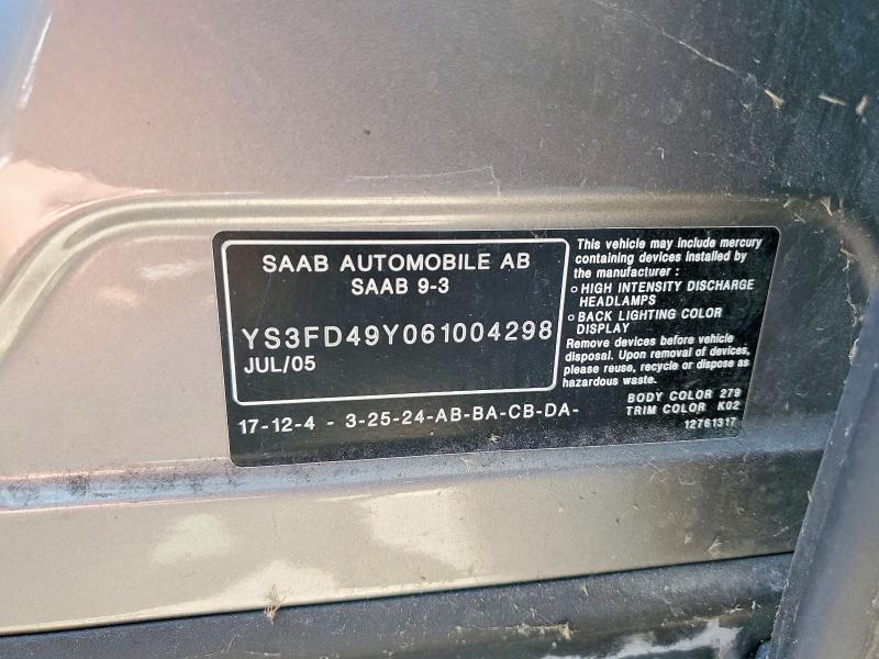 2006 Saab 9-3 მანქანა იყიდება აუქციონზე, vin: YS3FD49Y061004298, აუქციონის ნომერი: 57131676