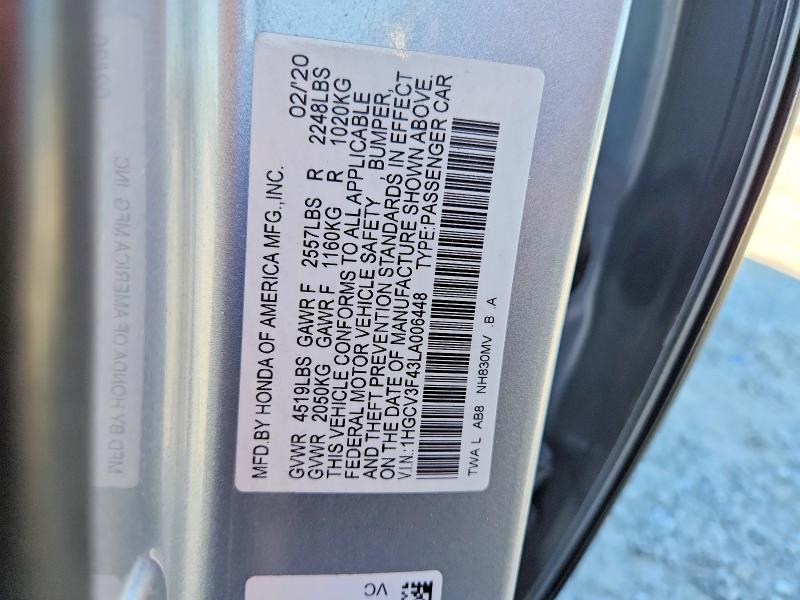 Продажа на аукционе авто 2020 Honda Accord, vin: 1HGCV3F43LA006448, номер лота: 58309356