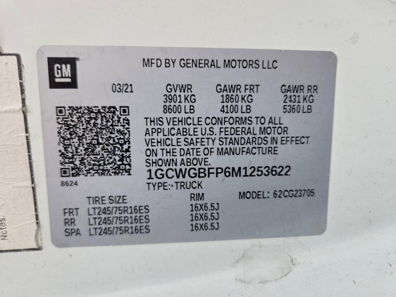 2021 Chevrolet Express G2500 მანქანა იყიდება აუქციონზე, vin: 1GCWGBFP6M1253622, აუქციონის ნომერი: 59889116