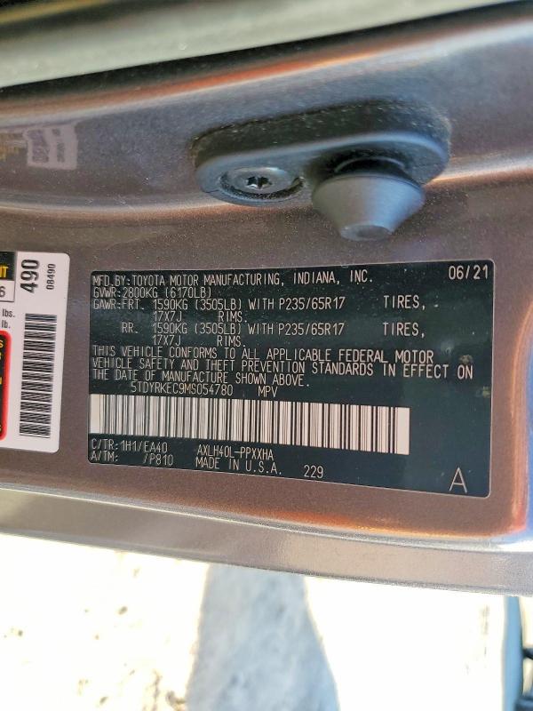 57638016 :رقم المزاد ، 5TDYRKEC9MS054780 vin ، 2021 Toyota Sienna مزاد بيع