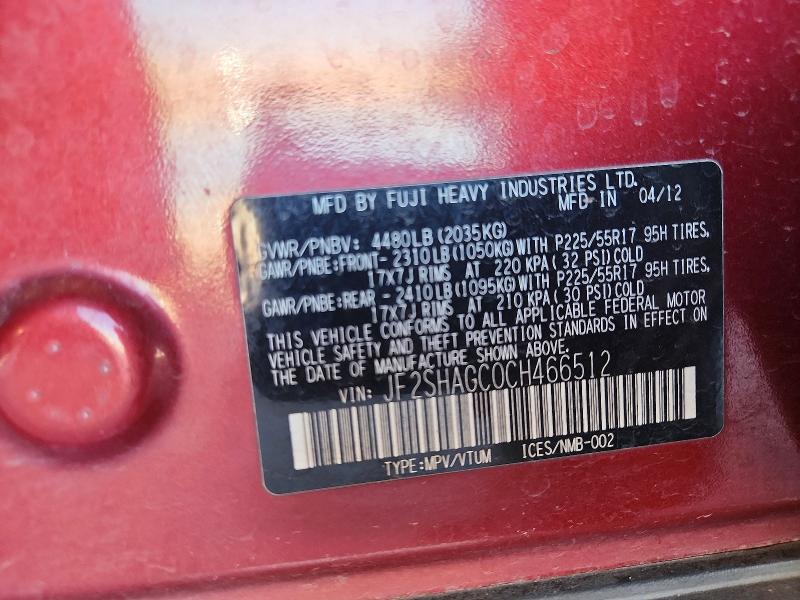 Aukcja sprzedaży 2012 Subaru Forester, vin: JF2SHAGC0CH466512, numer aukcji: 58065656