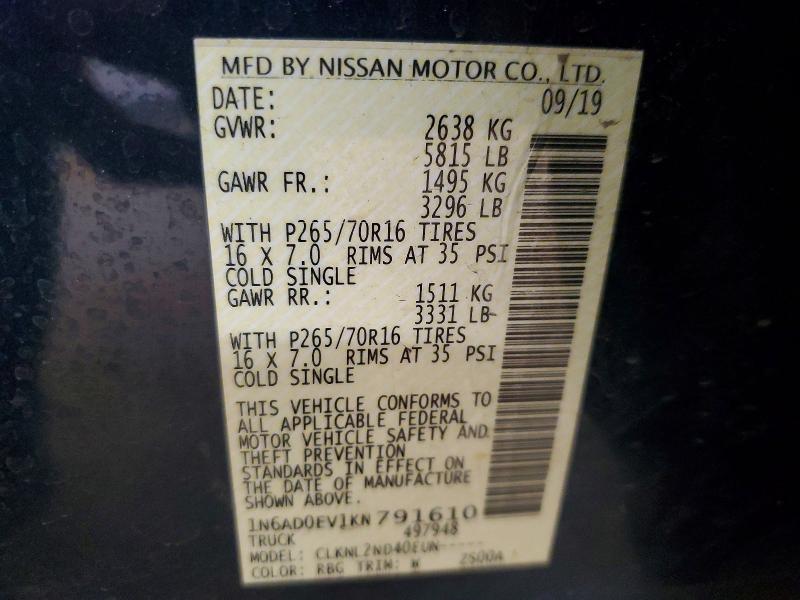 55866516 :رقم المزاد ، 1N6AD0EV1KN791610 vin ، 2019 Nissan Frontier مزاد بيع
