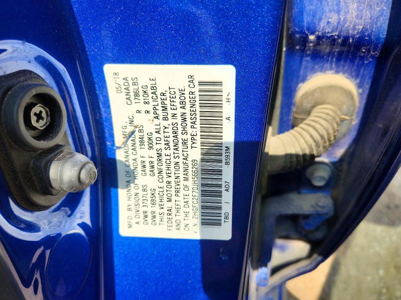 2018 Honda Civic მანქანა იყიდება აუქციონზე, vin: 2HGFC2F70JH566269, აუქციონის ნომერი: 55899066