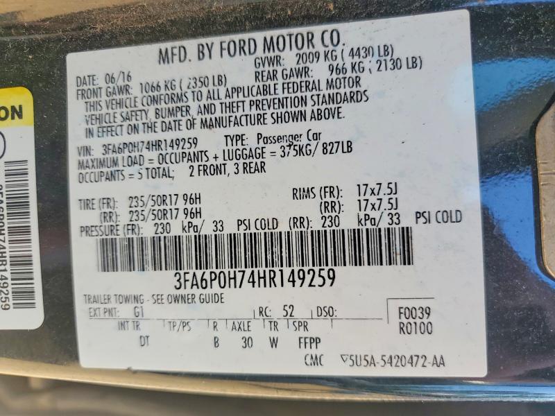 Продажа на аукционе авто 2017 Ford Fusion, vin: 3FA6P0H74HR149259, номер лота: 58727536