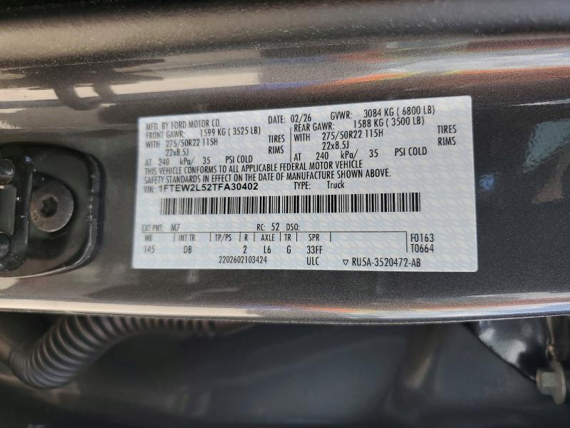 Aukcja sprzedaży 2026 Ford F150, vin: 1FTEW2L52TFA30402, numer aukcji: 59032886