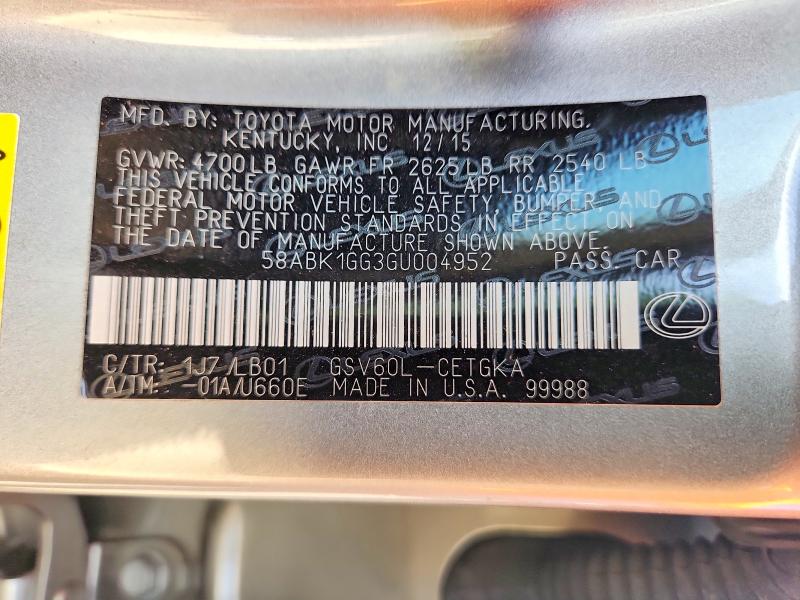Aukcja sprzedaży 2016 Lexus Es, vin: 58ABK1GG3GU004952, numer aukcji: 59007206