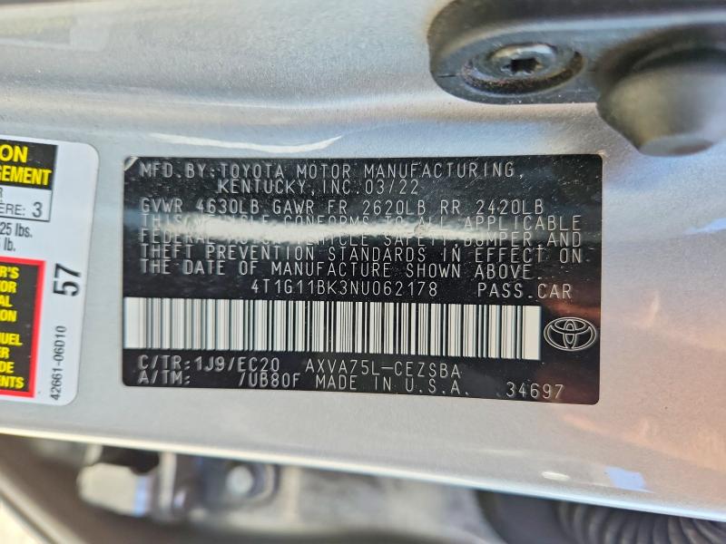 Продажа на аукционе авто 2022 Toyota Camry, vin: 4T1G11BK3NU062178, номер лота: 57832166