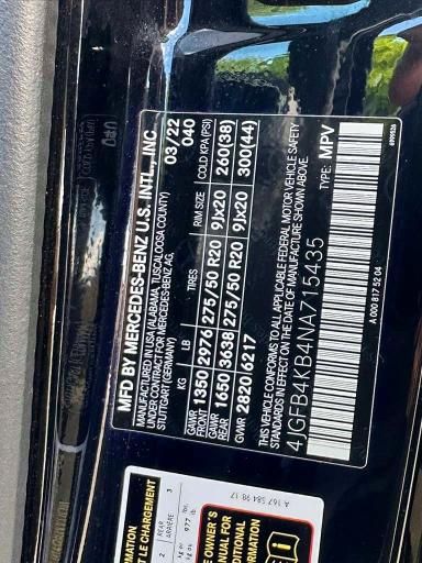 57391206 :رقم المزاد ، 4JGFB4KB4NA715435 vin ، 2022 Mercedes-benz Gle مزاد بيع