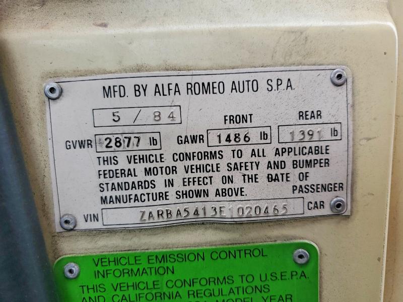1984 Alfa Romeo Veloce მანქანა იყიდება აუქციონზე, vin: ZARBA5413E1020465, აუქციონის ნომერი: 55791036