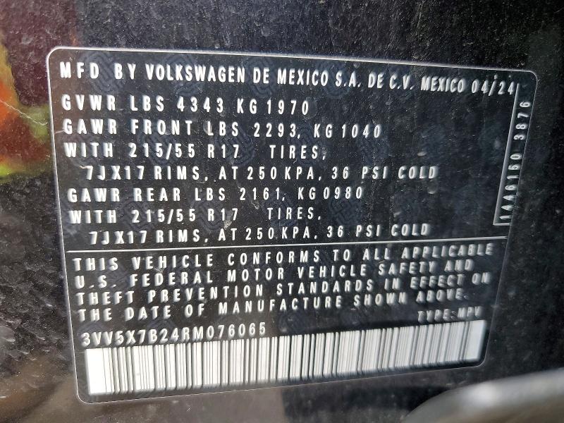 56279156 :رقم المزاد ، 3VV5X7B24RM076065 vin ، 2024 Volkswagen Taos مزاد بيع