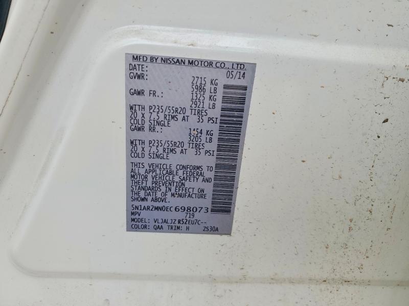 2014 Nissan Pathfinder მანქანა იყიდება აუქციონზე, vin: 5N1AR2MN0EC698073, აუქციონის ნომერი: 56222536