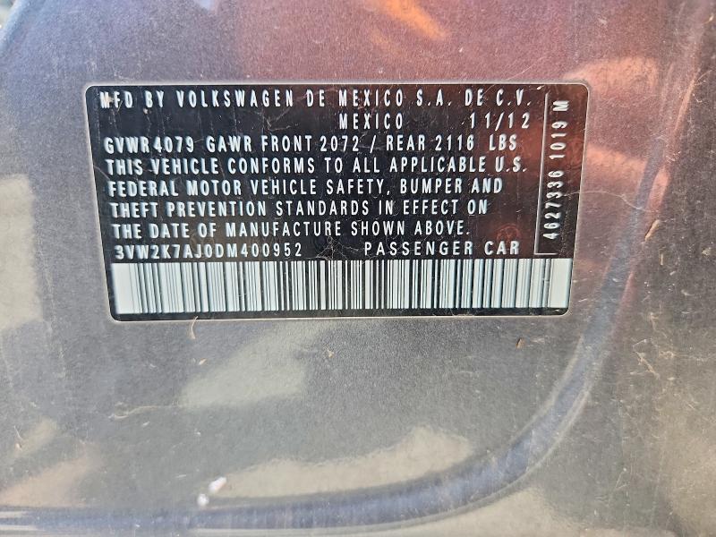 2013 Volkswagen Jetta მანქანა იყიდება აუქციონზე, vin: 3VW2K7AJ0DM400952, აუქციონის ნომერი: 55992786