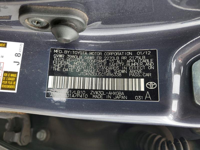 56162286 :رقم المزاد ، JTDKN3DU5C1496338 vin ، 2012 Toyota Prius مزاد بيع