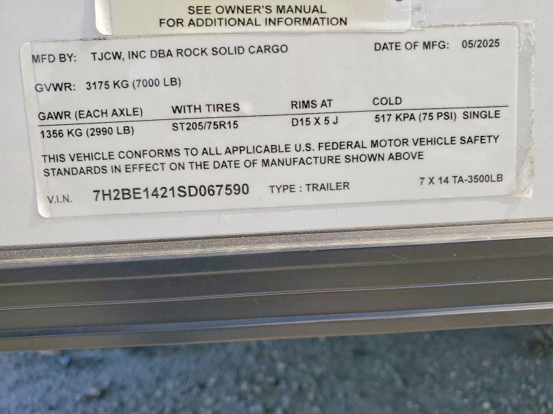 Продажа на аукционе авто 2025 Rock Solid Carg Enclosed, vin: 7H2BE1421SD067590, номер лота: 57479346