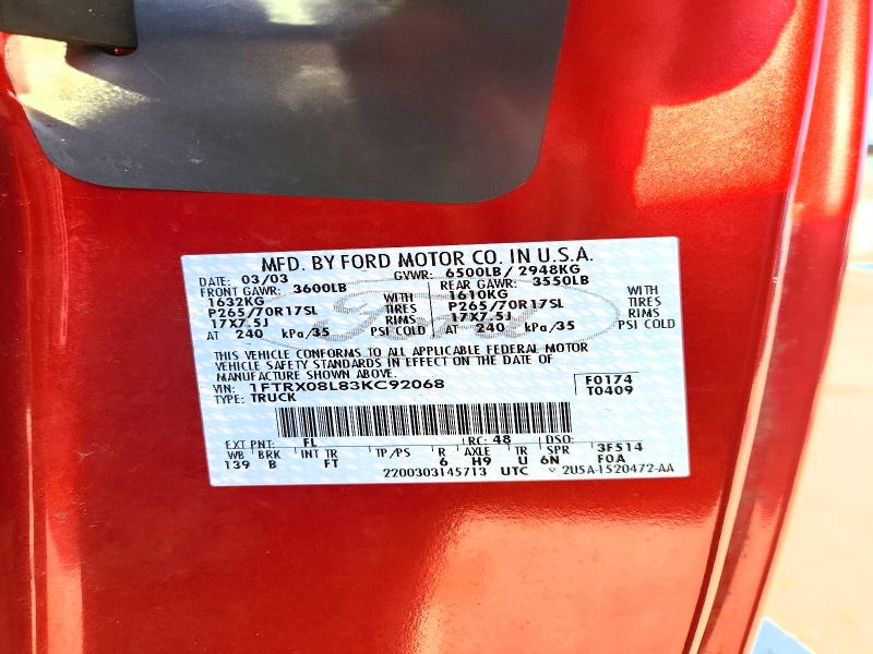 Auction sale of the 2003 Ford F150, vin: 1FTRX08L83KC92068, lot number: 58404916