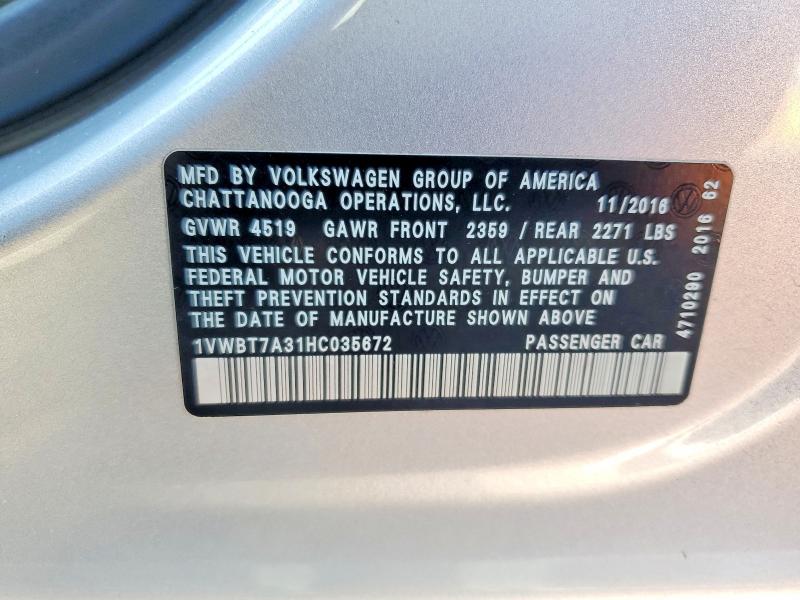 Продаж на аукціоні авто 2017 Volkswagen Passat, vin: 1VWBT7A31HC035672, номер лоту: 58261246