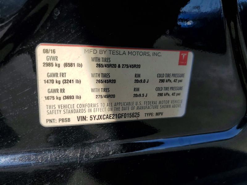2016 Tesla Model X მანქანა იყიდება აუქციონზე, vin: 5YJXCAE21GF015625, აუქციონის ნომერი: 56080216