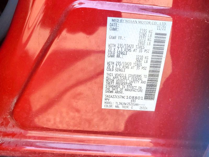 2022 Nissan Murano მანქანა იყიდება აუქციონზე, vin: 5N1AZ2CS7NC108801, აუქციონის ნომერი: 85994295