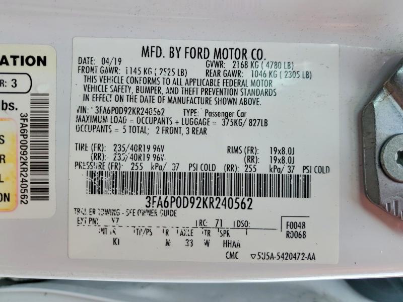 Aukcja sprzedaży 2019 Ford Fusion, vin: 3FA6P0D92KR240562, numer aukcji: 58002106