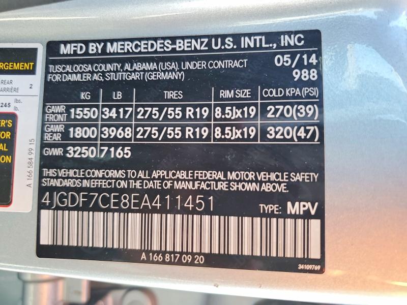2014 Mercedes-benz Gl მანქანა იყიდება აუქციონზე, vin: 4JGDF7CE8EA411451, აუქციონის ნომერი: 57225286